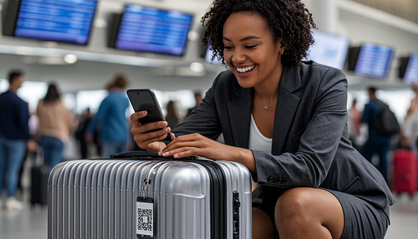 Voyageuse scannant un bagage QRBag à l'aéroport